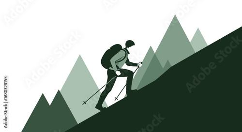 Adventurous Hiker Ascends Mountain Slope Towards Sky In Vector Illustration