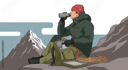 An illustration of hiker taking a break and drinking water on a mountain climbing trip adventure without any issue