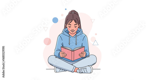 An Illustrative depiction of a young woman reading a book while in relaxation mode