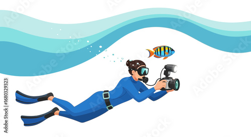 An underwater photographer takes a picture of a beautiful fish in the ocean