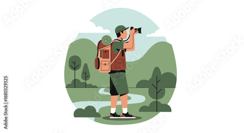 Adventurous Hiker Capturing Serene Moments Amongst Mountains Using A Camera