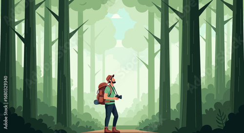 Adventurous Hiker Captures Majestic Forest Scenery With Photography Equipment