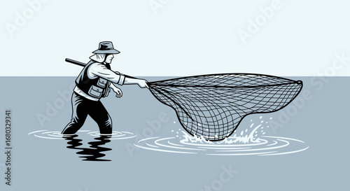 Angler Casting A Net In Serene Waters, Capturing The Moment Of Fishing In Action