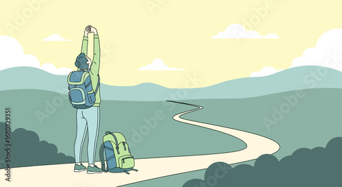 Adventurous Hiker Celebrating The Journey With Backpacks On Winding Road In Nature