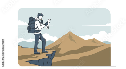 Adventurous Hiker Checking Map on Cliff Looking at Moutain Range Illustration