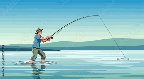 Angler Casts Fishing Rod Into Water, Attempting To Catch Something Underwater in Nature