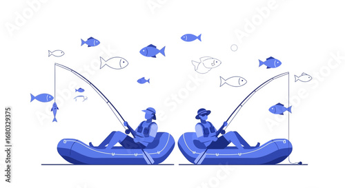 Anglers Enjoying Recreational Fishing Inflatable Boats and Marine Life Elements