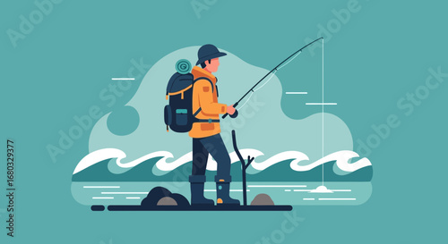 Angler Standing, Fishing, With Backpack, Outdoors, In Coastal Waters, Reaching for The Bait