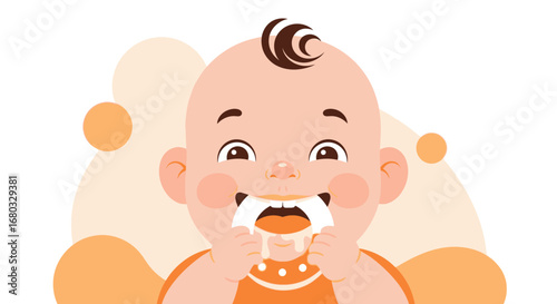 Animated Adorable Infant Chewing Teething Toy with Drool Displayed Artistically Fully Isolated
