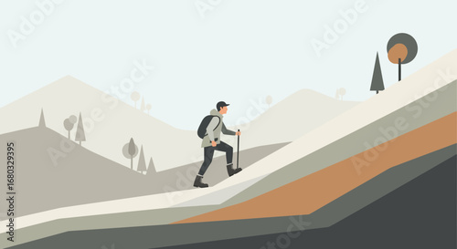 Adventurous Hiker Climbing A Mountain, Abstract Design Illustrating Perseverance Upwards.