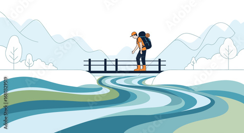 Adventurous Hiker Crossing Bridge Over Serene River Against Mountainous Backdrop