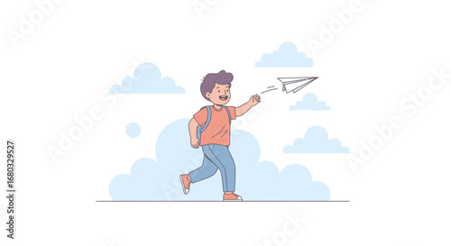 Animated Child Joyfully Launching Paper Airplane into the Sky on a Playful Day