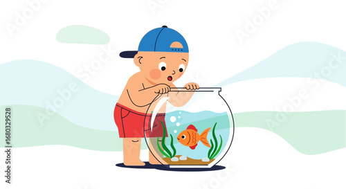 Animated Child Observing Goldfish in Transparent Aquarium With Astonishment