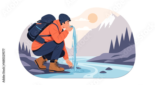 Adventurous hiker drinking fresh water from a stream in a mountain landscape