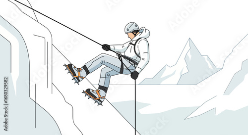 Animated Climber Descending Frozen Mountain With Rope and Equipment in a Winter Scene