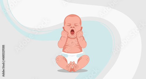 Animated Crying Baby with Wide Open Mouth and Hands with Diaper over a Light Grey Background