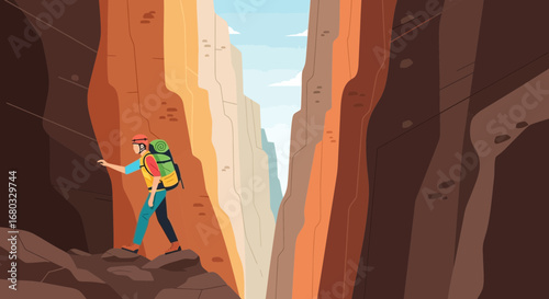 Adventurous Hiker Exploring a Majestic Canyon Landscape Depicted in Colorful Illustration