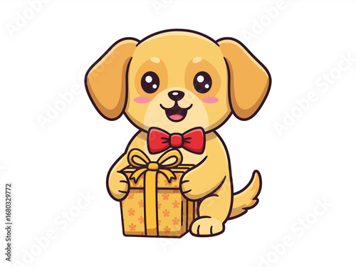 Cute cartoon puppy dog mascot holding gift box