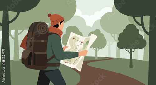 Adventurous Hiker Exploring Forest Trail With Map, Navigating Nature's Serene Path