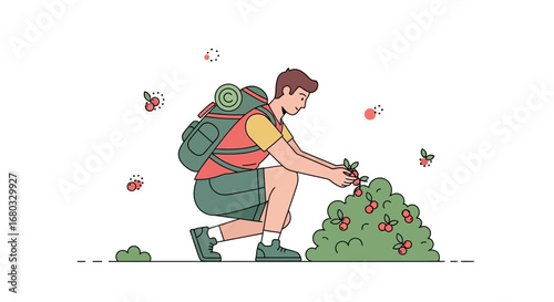 Adventurous Hiker Harvesting Berries Surrounded By Nature’s Bounty And Wilderness