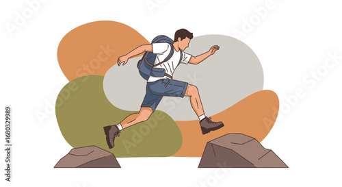 Adventurous Hiker Jumps Over Rocks in a Colorful Nature Graphic Illustration