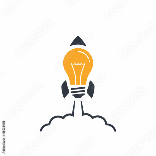 A lightbulb-shaped rocket launching, symbolizing innovative idea takeoff.