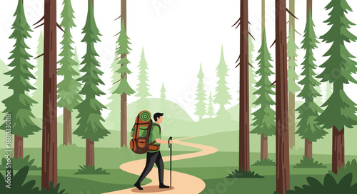 Adventurous Hiker Navigating Forest Trail Towards Serene Mountainous Landscape