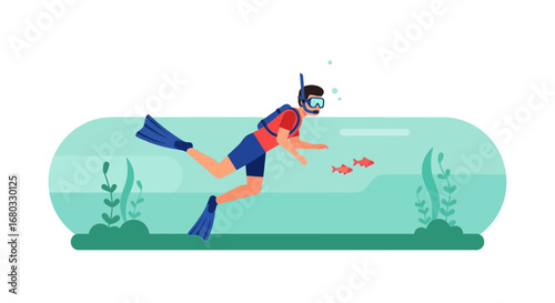 Animated Scuba Diver Underwater Exploring Tropical Ecosystem, Simple Style Illustration