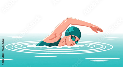 Animated Swimmer Gliding Through Calm Waters Depicting Speed and Athletic Achievement,