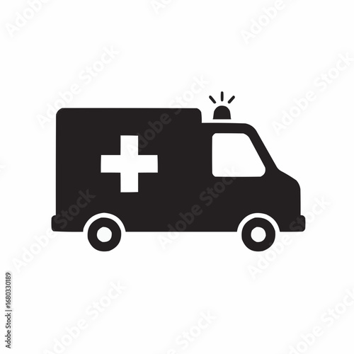 A simple black silhouette of an ambulance, complete with a cross and flashing lights, signifying emergency medical services.
