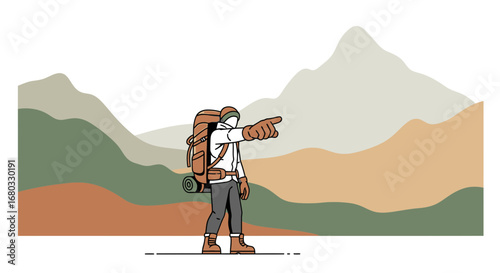 Adventurous hiker pointing to the mountains with a backpack vector illustration
