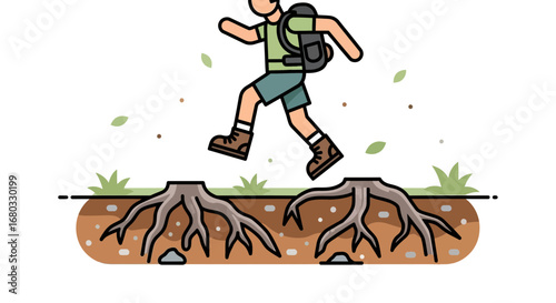 Adventurous Hiker Overcoming Obstacles in a Digitally Drawn Nature Scene Illustration