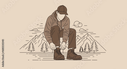 Adventurous Hiker Preparing For Trek with Mountainous Landscape Minimalism Design