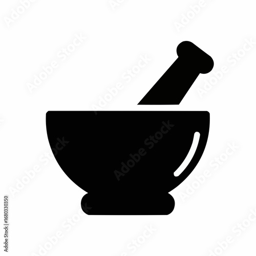 A black silhouette of a mortar and pestle, representing grinding and mixing.