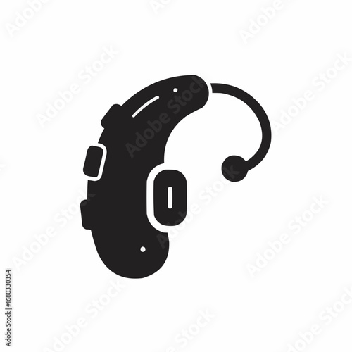 A black silhouette illustration of a behind-the-ear (BTE) hearing aid device.
