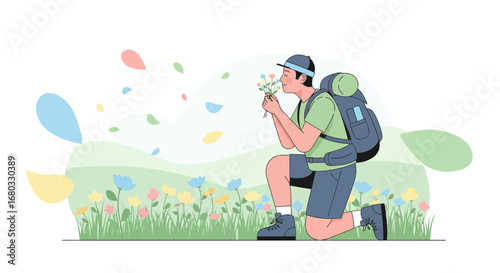 Appreciating Nature: An Adventurous Person, Flowers, Backpack, and the Great Outdoors