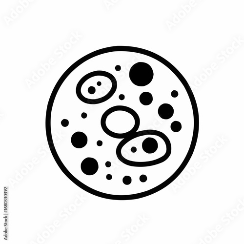 Simple black and white drawing of a round object with various sized circles and oval shapes inside.