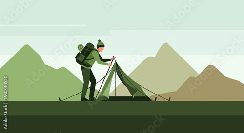 Adventurous hiker setting up tent in the mountains for a camping trip adventure