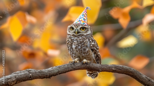 A burrowing owl in a party hat perches on a branch in autumn. This whimsical image is great for birthday invitations, greeting cards, and blogs about nature, animals, or celebrations.

