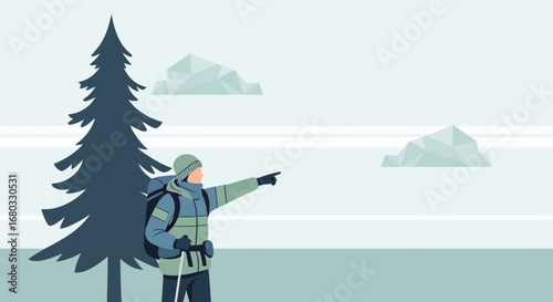 Adventurous Hiker Shows Direction, Illustration of Mountain Journey And Nature