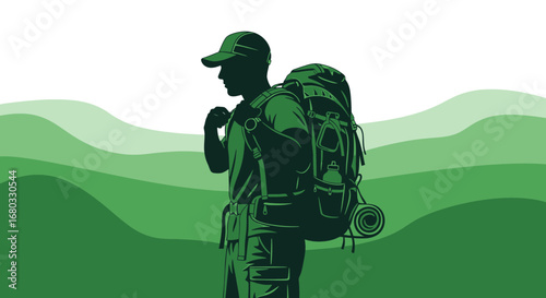 Adventurous Hiker Silhouette With Backpack Embarking On A Journey Through Green Landscapes