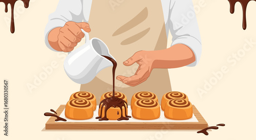 Artisan Adding Exquisite Chocolate Glaze Over Freshly Baked Cinnamon Rolls With Artistic Flair