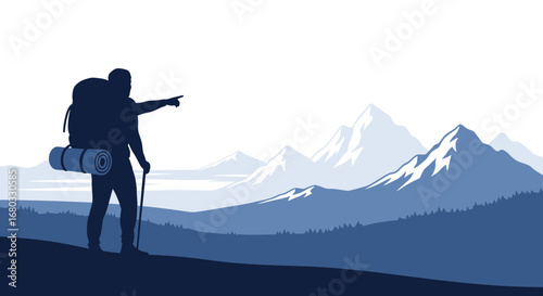 Adventurous Hiker Stands Atop Hill Pointing Towards Majestic and Serene Mountain Range