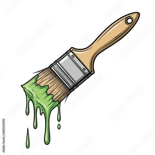 Vector art of a paintbrush with green paint dripping from its bristles, isolated on a, symbolizing creativity and art