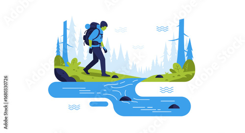Adventurous Hiker Traversing Forest and Stream Depicted in Modern Graphic Illustration Style