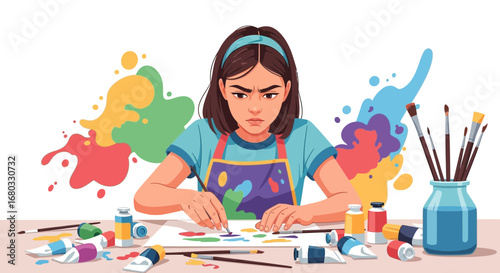 Artist Concentrating On Their Artwork With Paints, Brushes, And A Color Palette