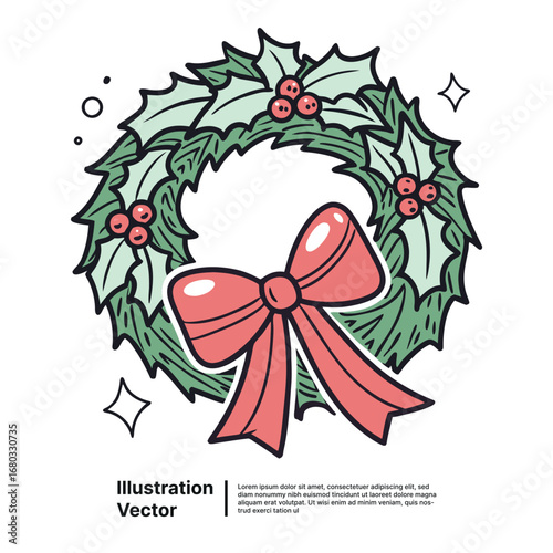 Festive Christmas Holly Wreath with Red Bow Illustration