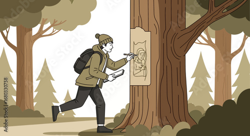 Artist creating artwork on a tree trunk in the forest with a backpack during the day