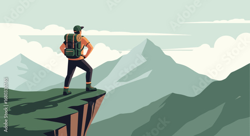 Adventurous Hiker Views Majestic Mountain Range From Elevated Cliffside Vantage Point