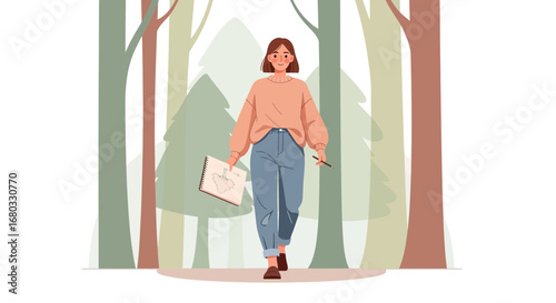 Artist Exploring Nature: Woman Drawing in a Forest, Capturing the Beauty and Inspiration